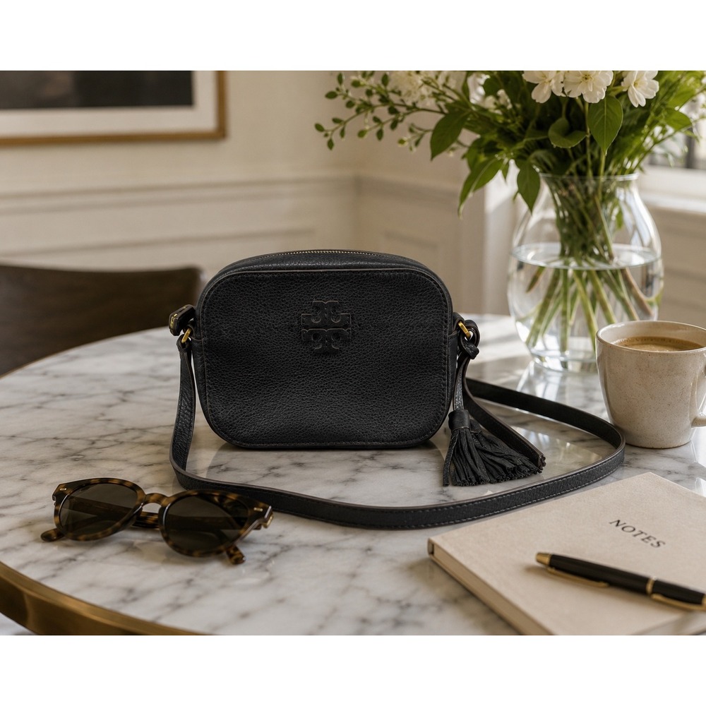 Tory Burch McGraw Camera Bag Black Pebbled Leather Crossbody Tassel Purse